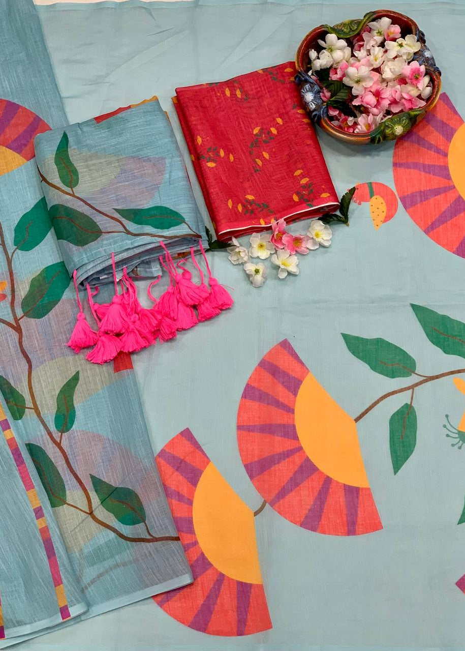 Shriwal Aqua Bloom Digital Linen Saree