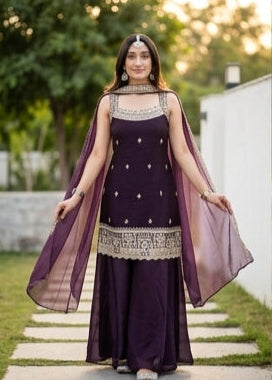 Shriwal wine embroidered Fandy kurta palazzo set with lace border dupatta for women, sleeveless ethnic three-piece festive wear featuring silver embroidery and premium fabric.