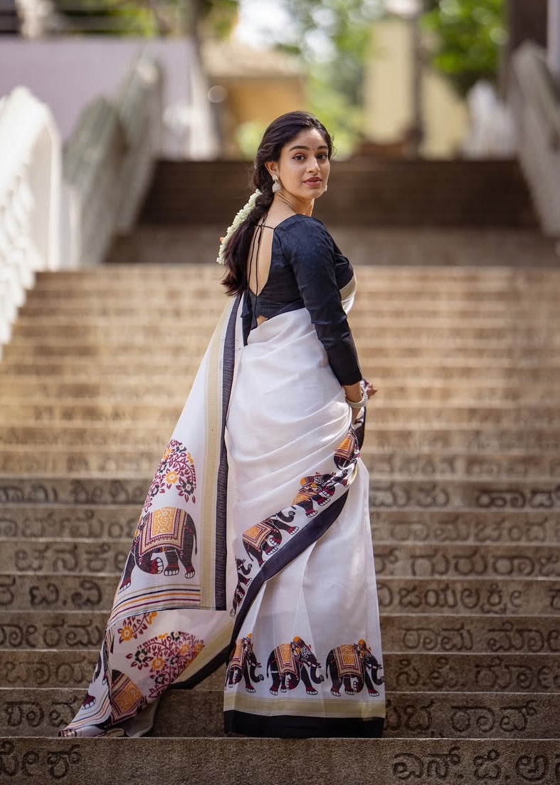 Shriwal Snow White Heritage Elephant Digital Linen Cotton Saree