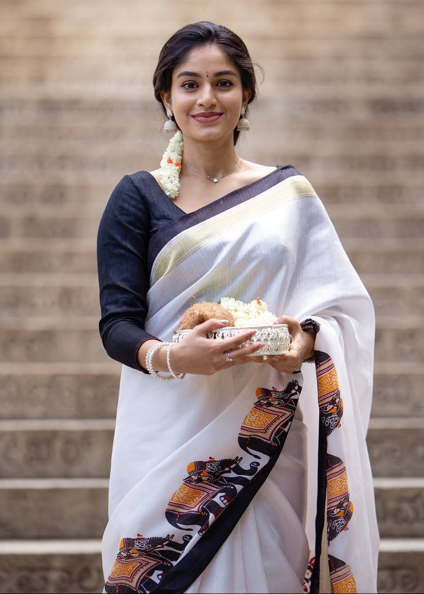 Shriwal Snow White Heritage Elephant Digital Linen Cotton Saree