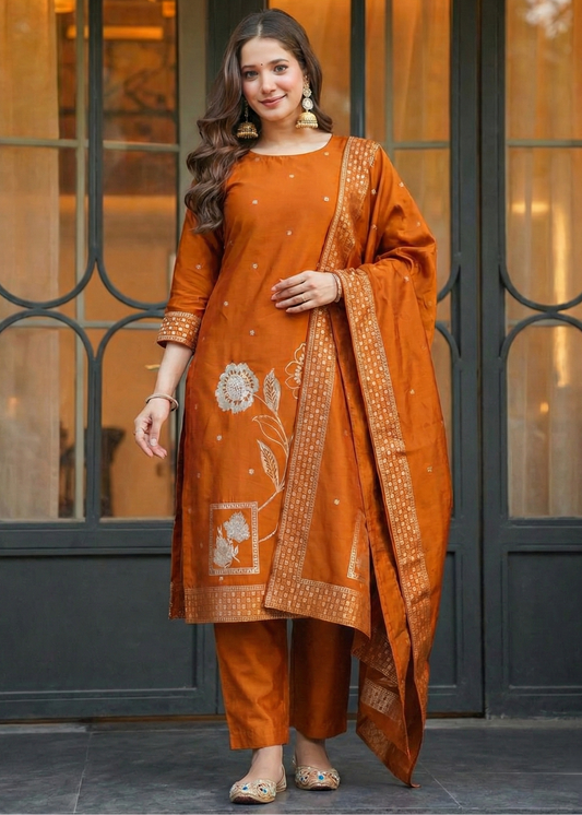 Shriwal Rust Jacquard Grace Suit Set
