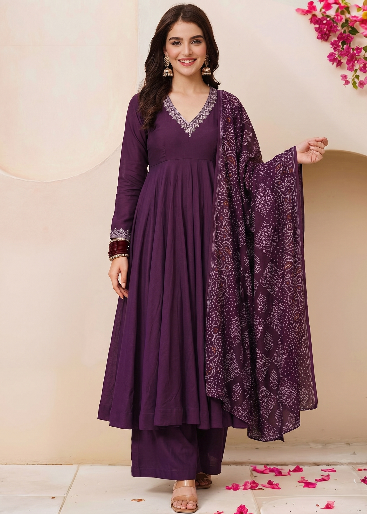 Shriwal Royal Plum Embroidered Anarkali Kurta Set with Chanderi Dupatta