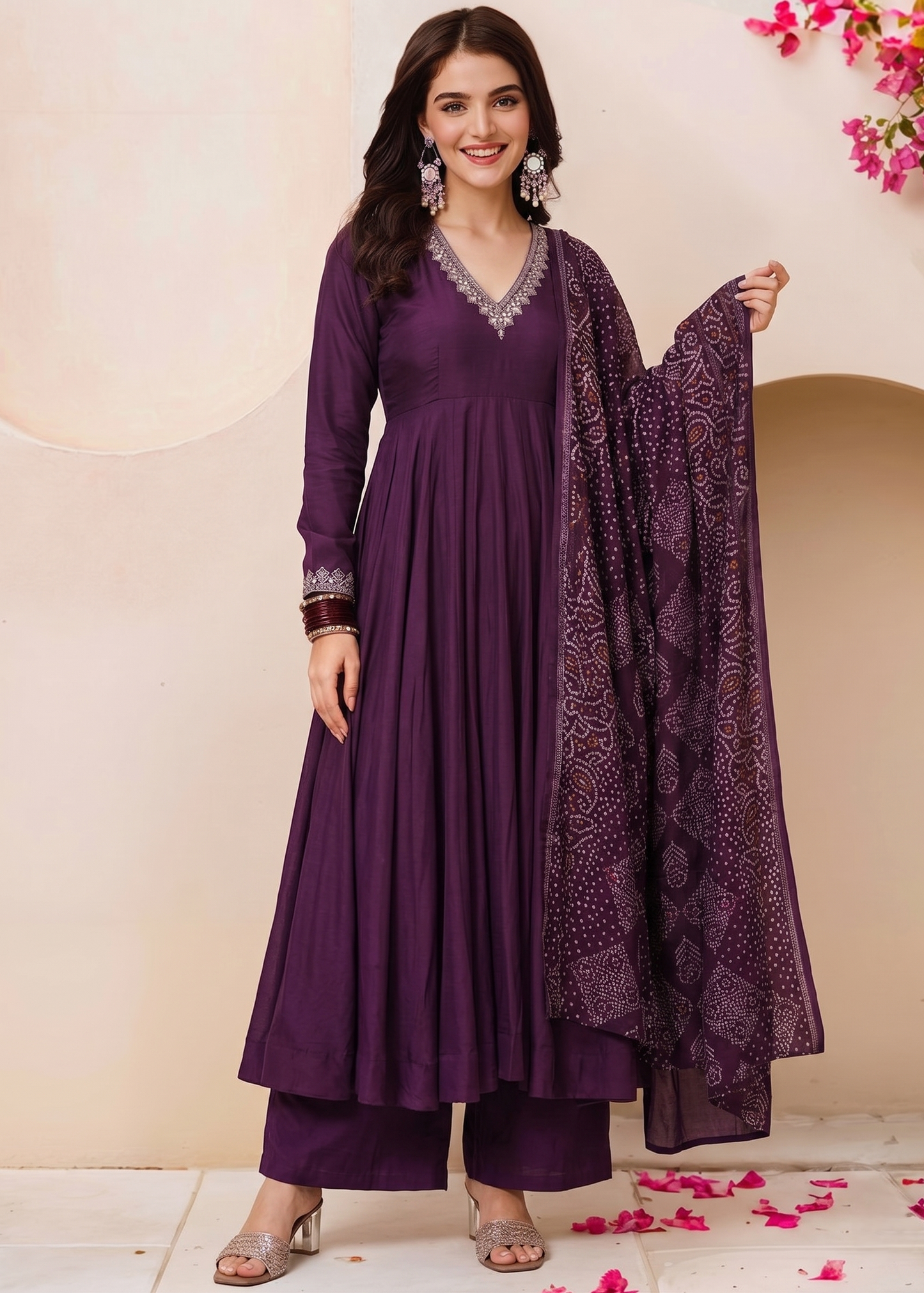Shriwal Royal Plum Embroidered Anarkali Kurta Set with Chanderi Dupatta