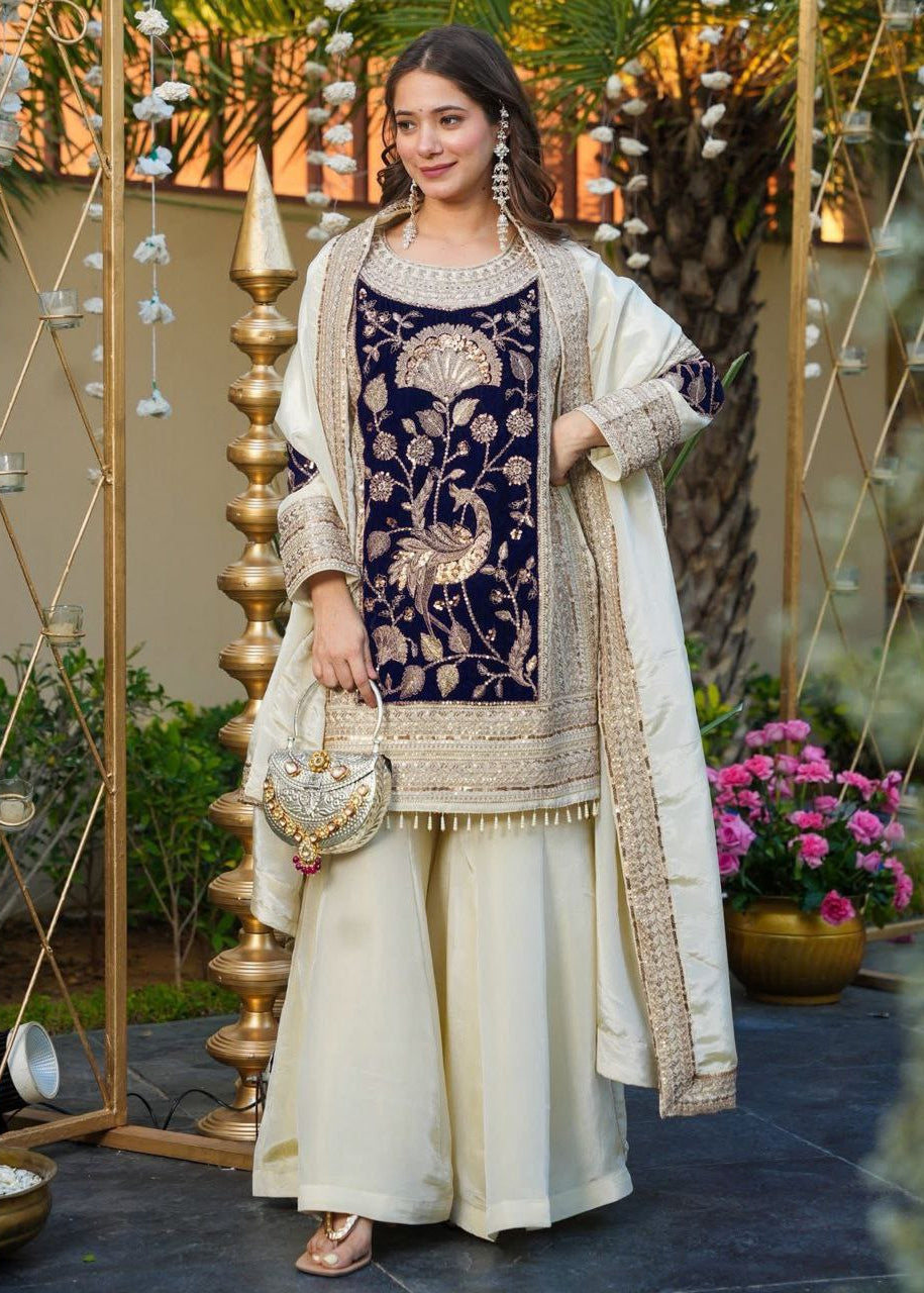Shriwal Velvet Embroidered Kurta Palazzo Set with Dupatta