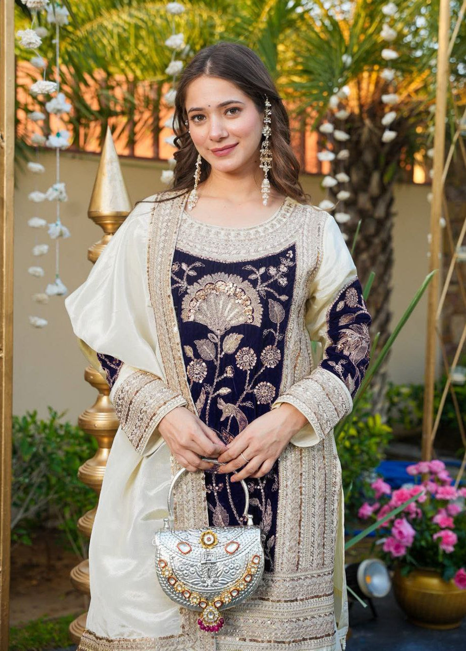 Shriwal Velvet Embroidered Kurta Palazzo Set with Dupatta