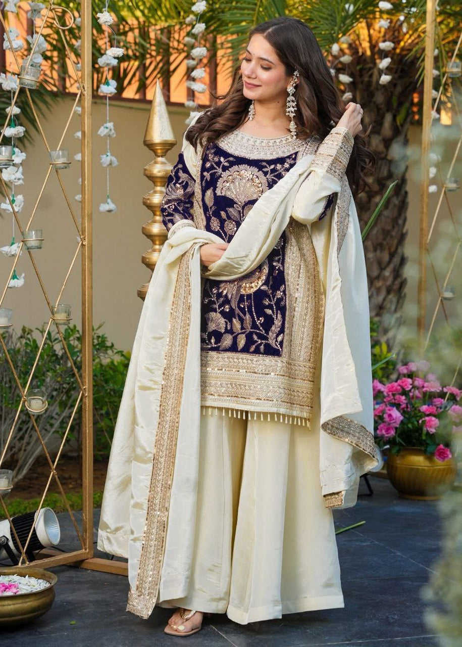 Shriwal Velvet Embroidered Kurta Palazzo Set with Dupatta