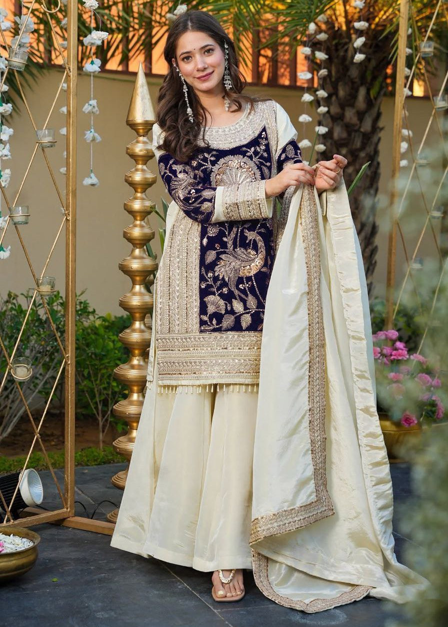 Shriwal Velvet Embroidered Kurta Palazzo Set with Dupatta
