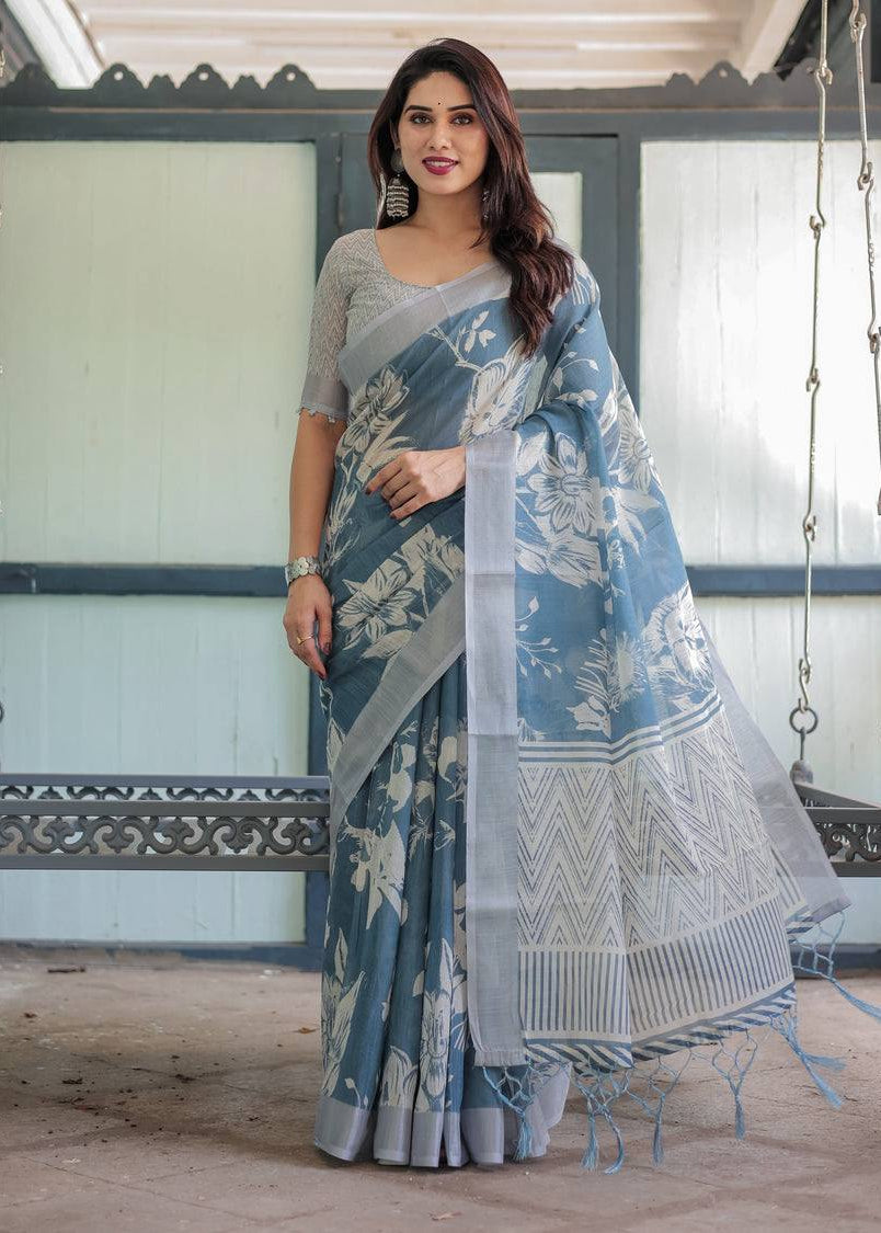Shriwal Silver Mist Linen Cotton Saree