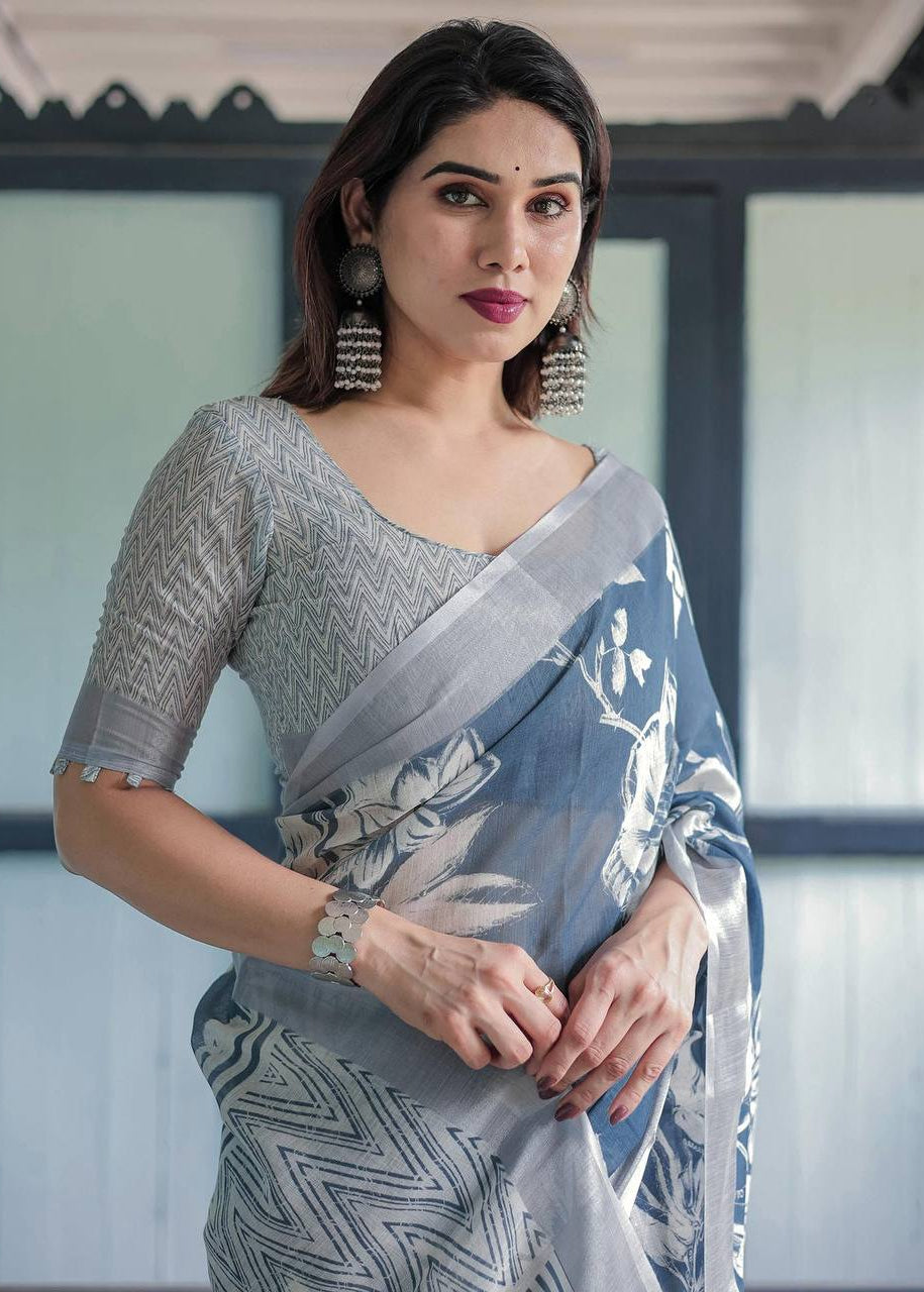 Shriwal Silver Mist Linen Cotton Saree