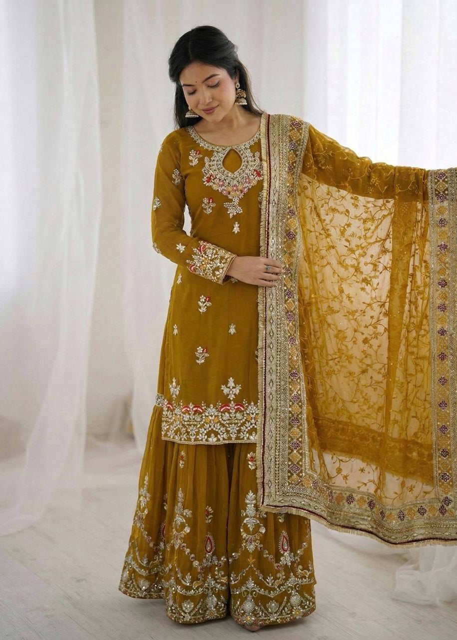 Shriwal Embroidered Faux Georgette Sharara Palazzo Suit Set Mustard(3 colours)