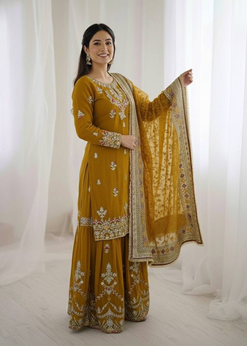 Shriwal Embroidered Faux Georgette Sharara Palazzo Suit Set Mustard(3 colours)