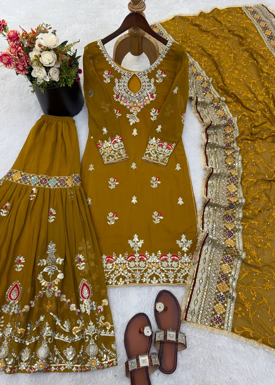 Shriwal Embroidered Faux Georgette Sharara Palazzo Suit Set Mustard(3 colours)