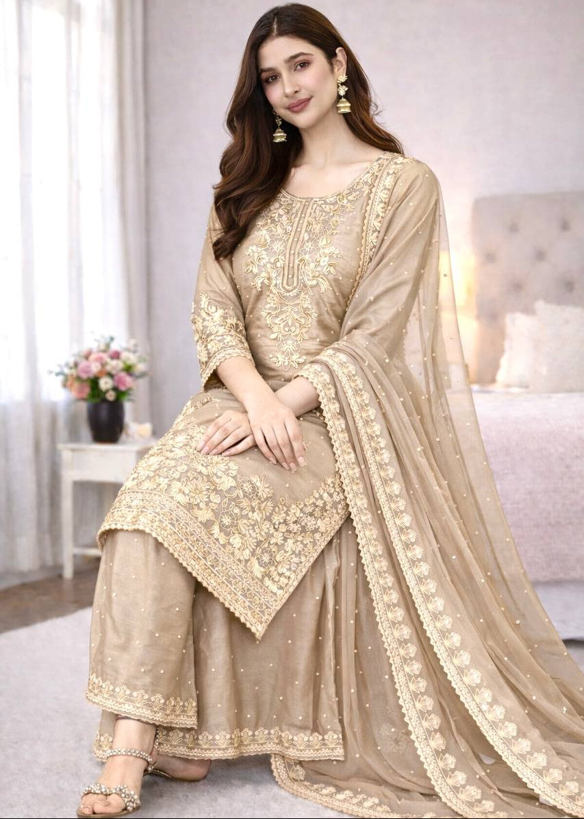 Elegant GMY Silk Embroidered Kurta Palazzo Set (6 colour)