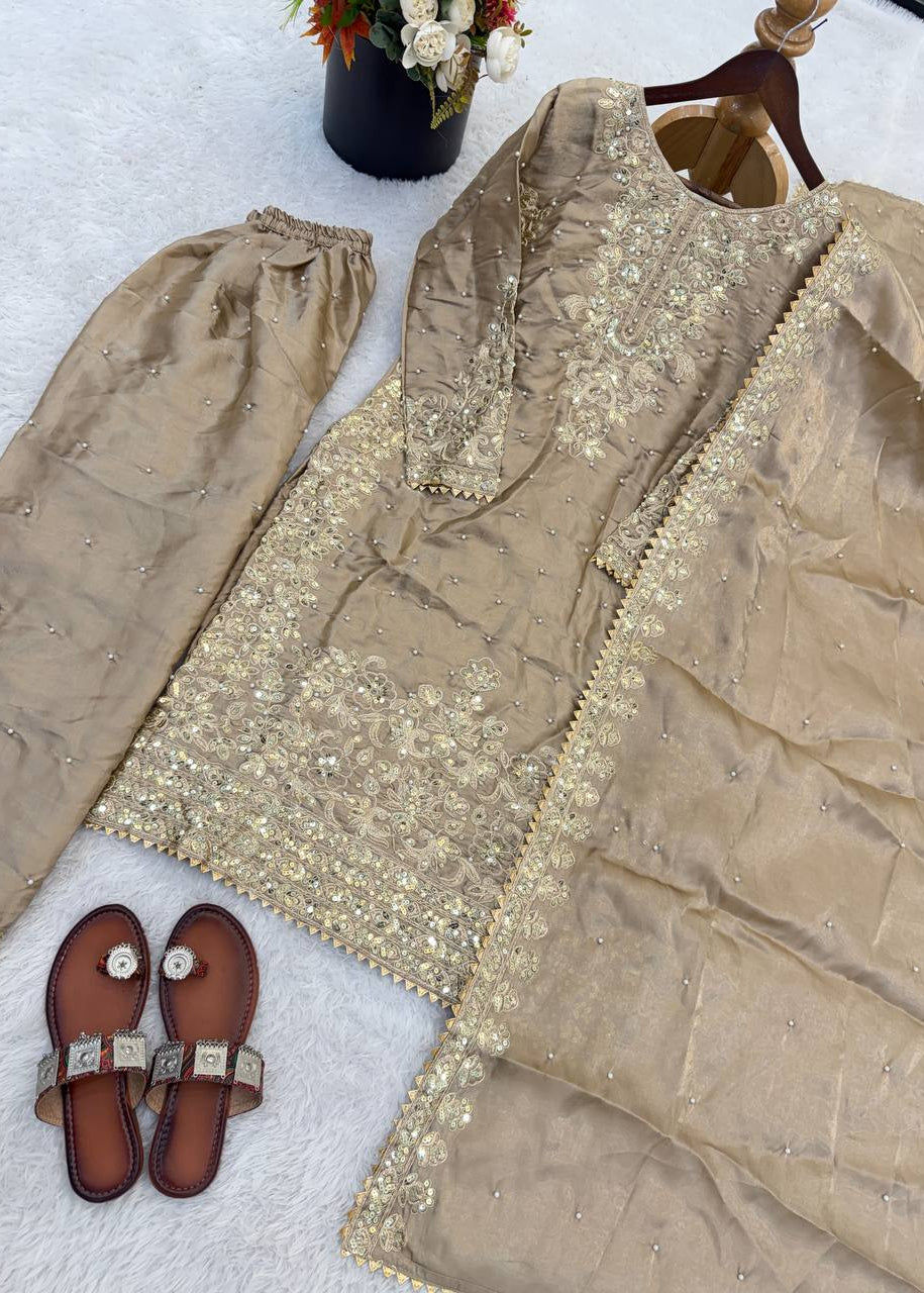 Elegant GMY Silk Embroidered Kurta Palazzo Set (6 colour)