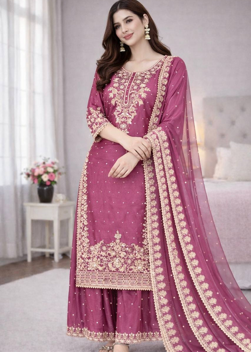 Elegant GMY Silk Embroidered Kurta Palazzo Set (6 colour)