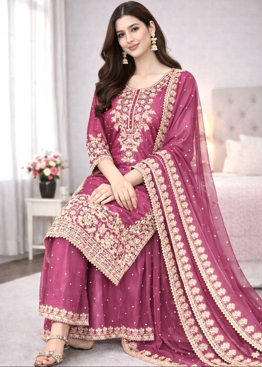 Elegant GMY Silk Embroidered Kurta Palazzo Set (6 colour)