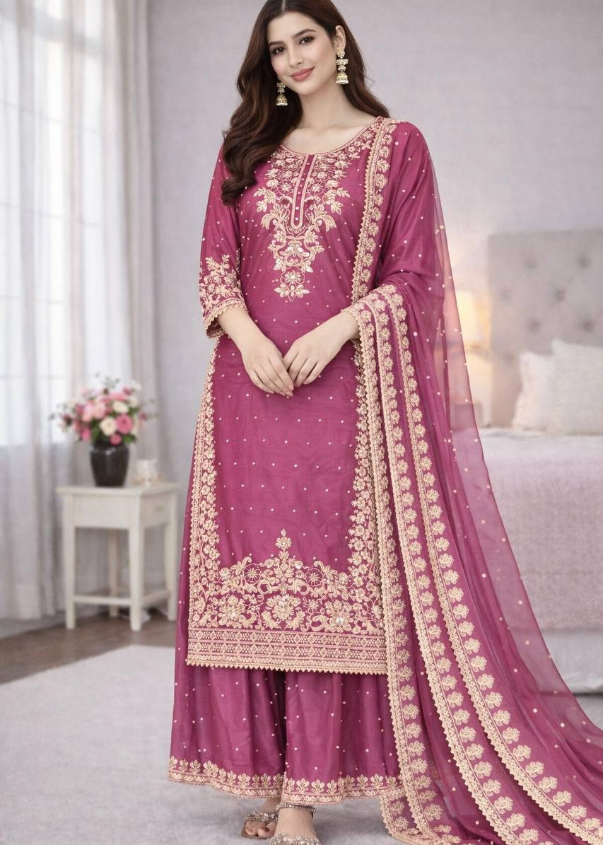 Elegant GMY Silk Embroidered Kurta Palazzo Set (6 colour)