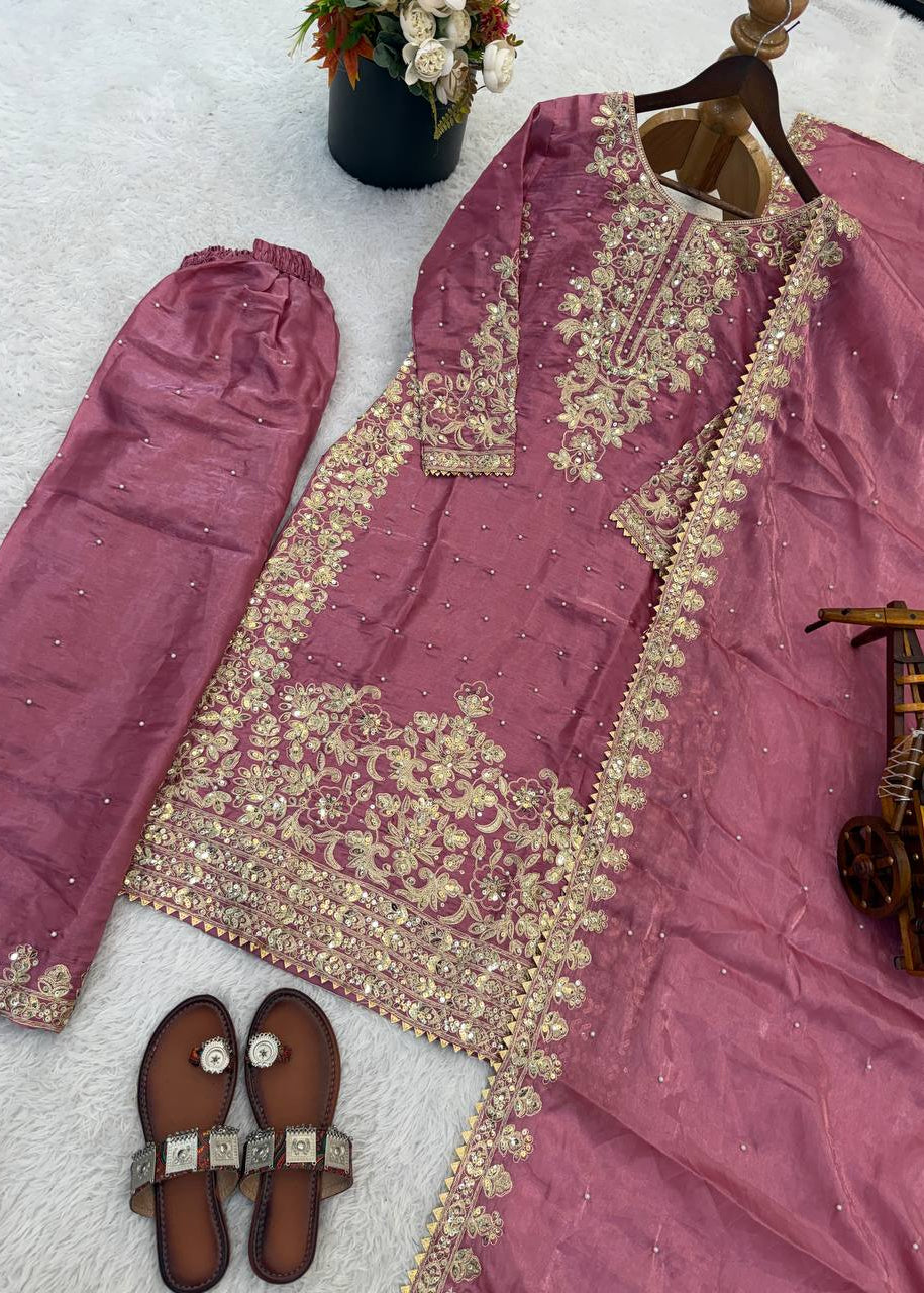 Elegant GMY Silk Embroidered Kurta Palazzo Set (6 colour)