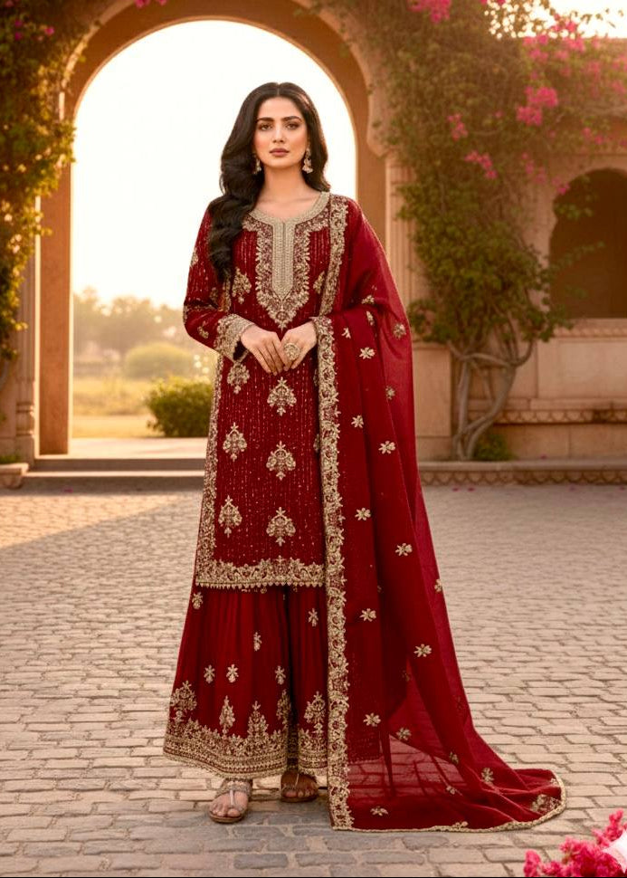 Shriwal red embroidered kurta set with dupatta festive wear for women