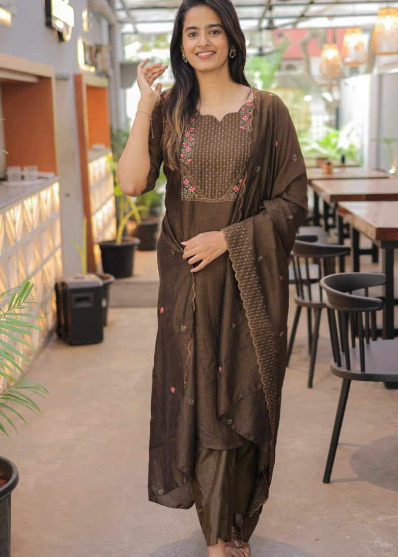 Shriwal Embroidered Cotton Suit Set with Chanderi Dupatta  (4 Colors)