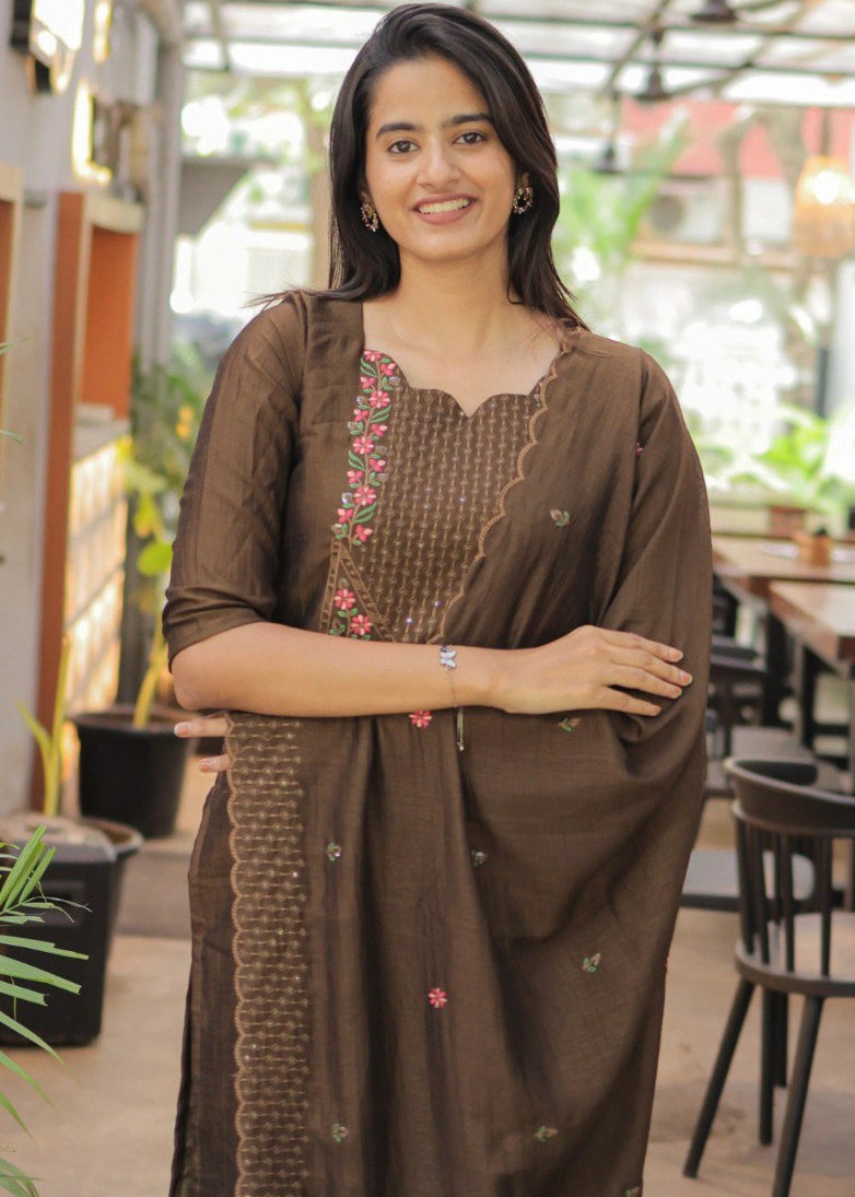 Shriwal Embroidered Cotton Suit Set with Chanderi Dupatta  (4 Colors)