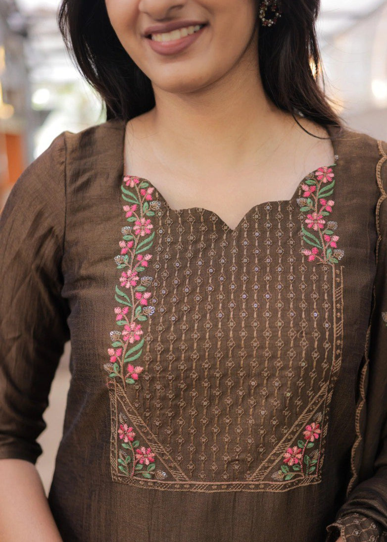 Shriwal Embroidered Cotton Suit Set with Chanderi Dupatta  (4 Colors)