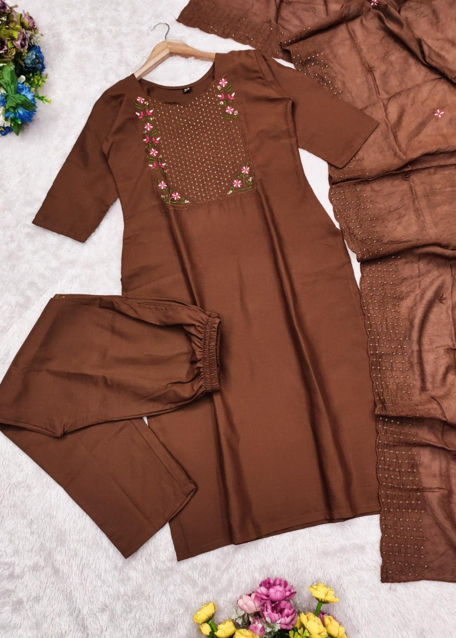 Shriwal Embroidered Cotton Suit Set with Chanderi Dupatta  (4 Colors)
