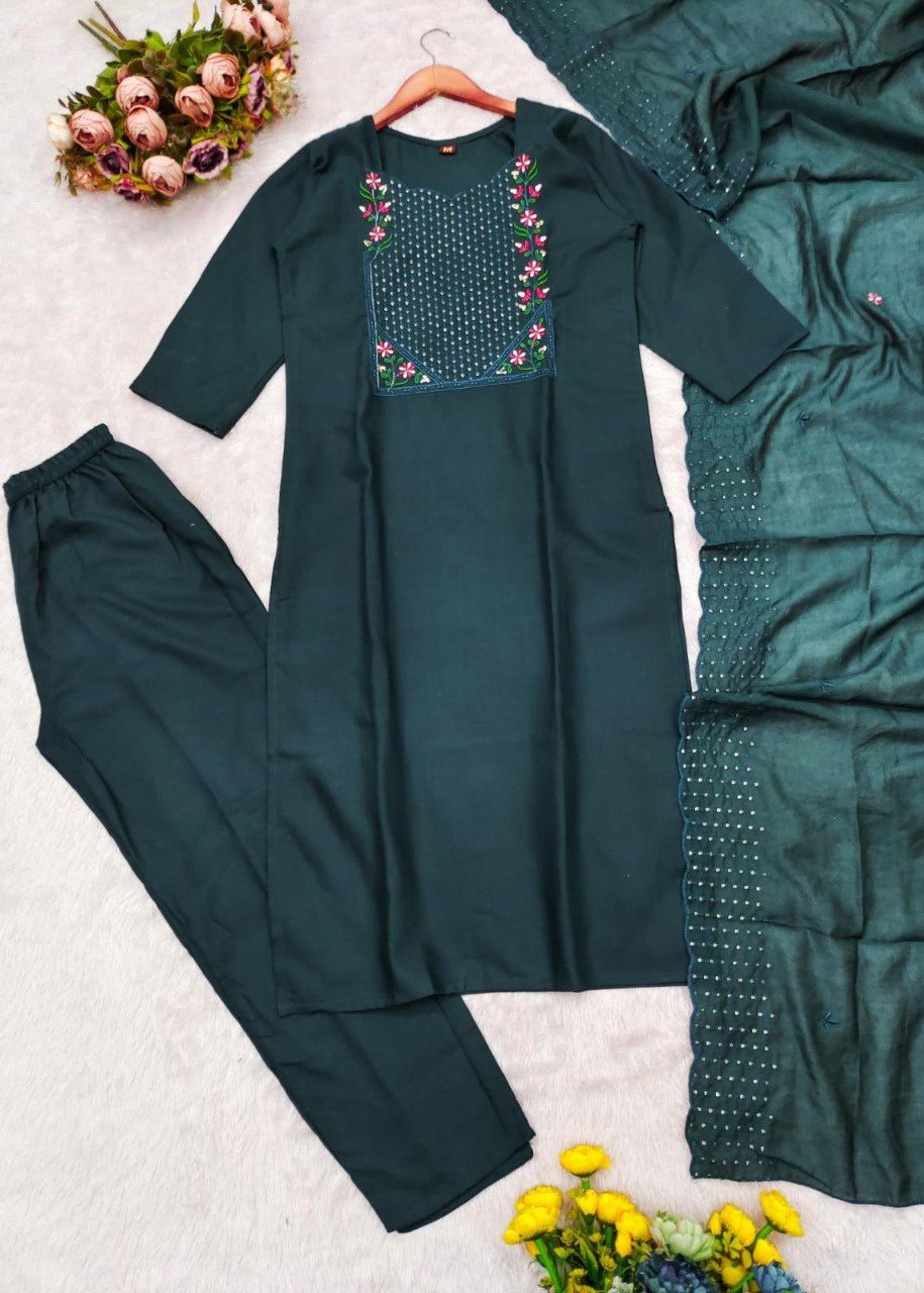 Shriwal Embroidered Cotton Suit Set with Chanderi Dupatta  (4 Colors)