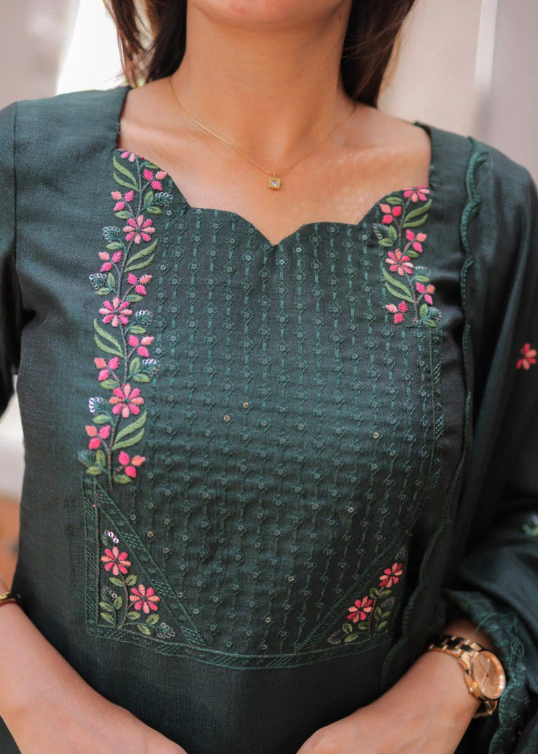 Shriwal Embroidered Cotton Suit Set with Chanderi Dupatta  (4 Colors)