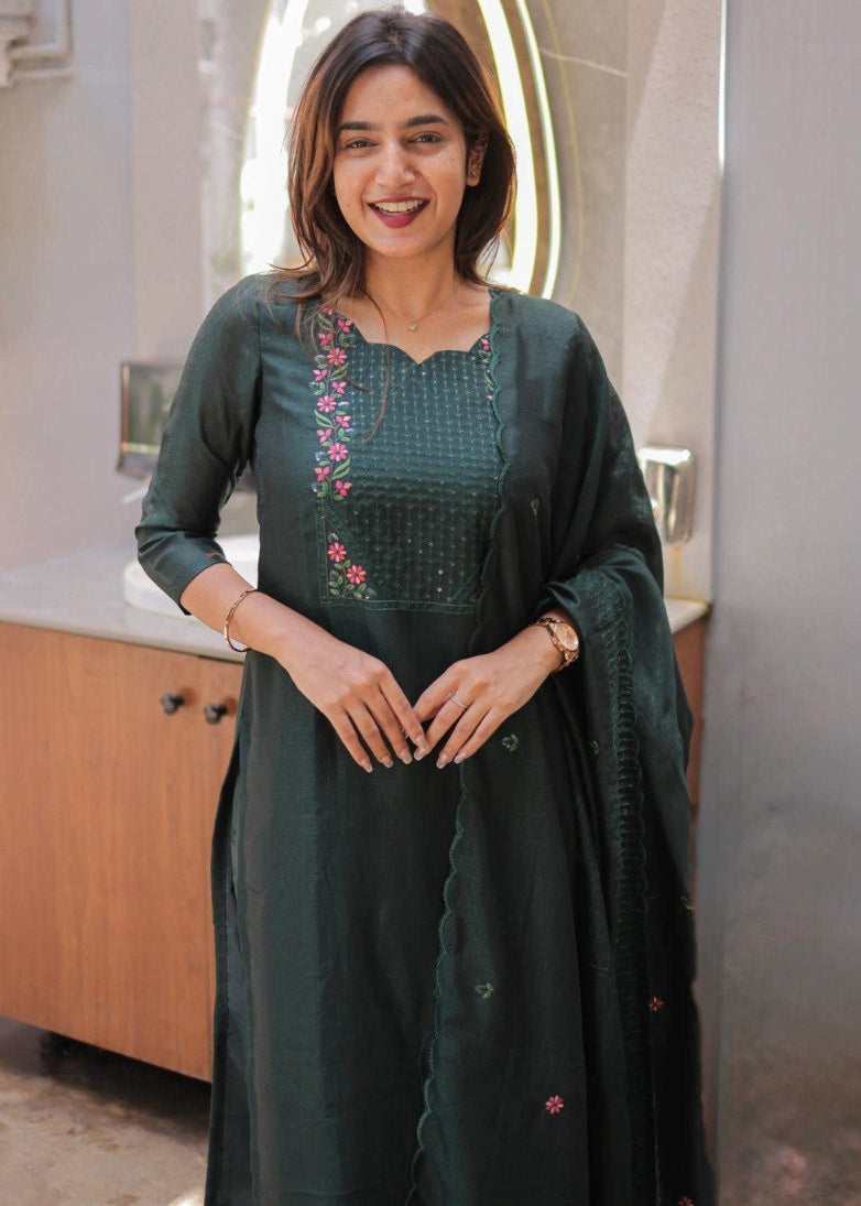 Shriwal Embroidered Cotton Suit Set with Chanderi Dupatta  (4 Colors)