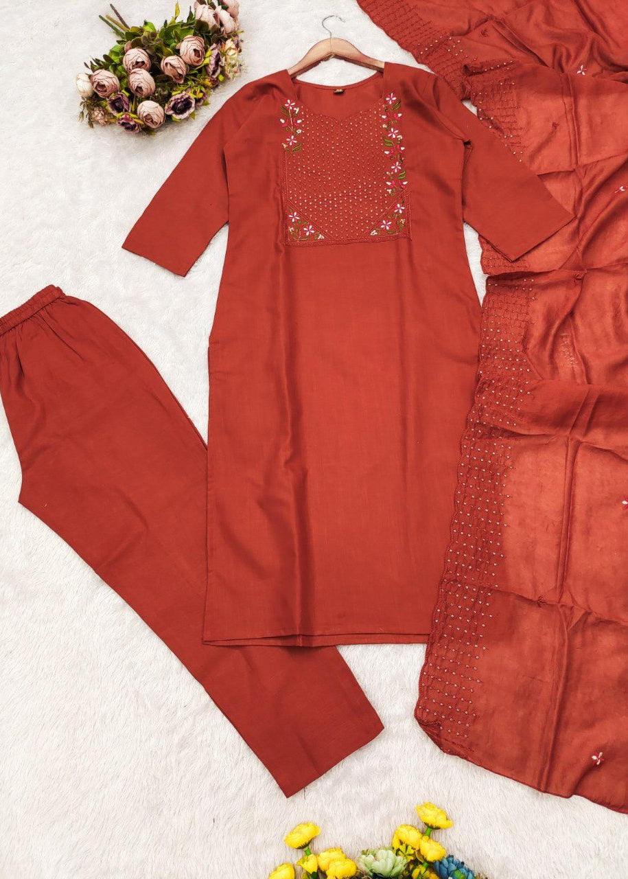 Shriwal Embroidered Cotton Suit Set with Chanderi Dupatta  (4 Colors)