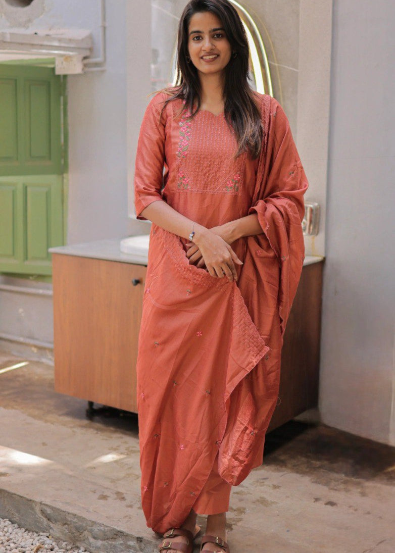 Shriwal Embroidered Cotton Suit Set with Chanderi Dupatta  (4 Colors)