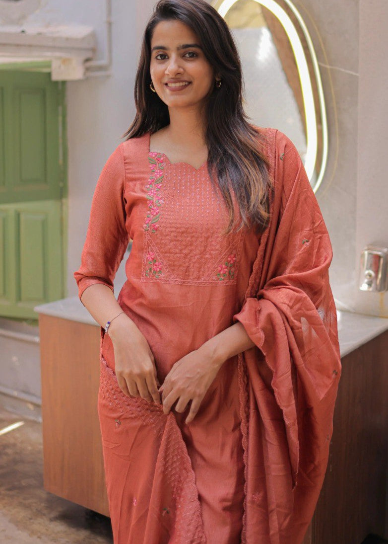 Shriwal Embroidered Cotton Suit Set with Chanderi Dupatta  (4 Colors)