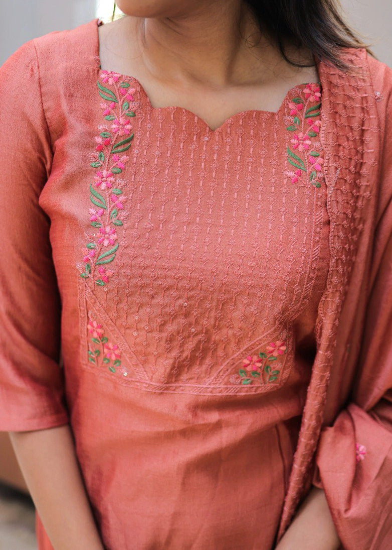 Shriwal Embroidered Cotton Suit Set with Chanderi Dupatta  (4 Colors)