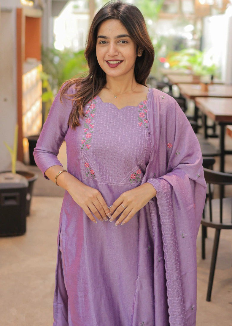 Shriwal Embroidered Cotton Suit Set with Chanderi Dupatta  (4 Colors)