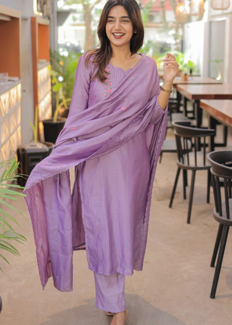 Shriwal Embroidered Cotton Suit Set with Chanderi Dupatta  (4 Colors)