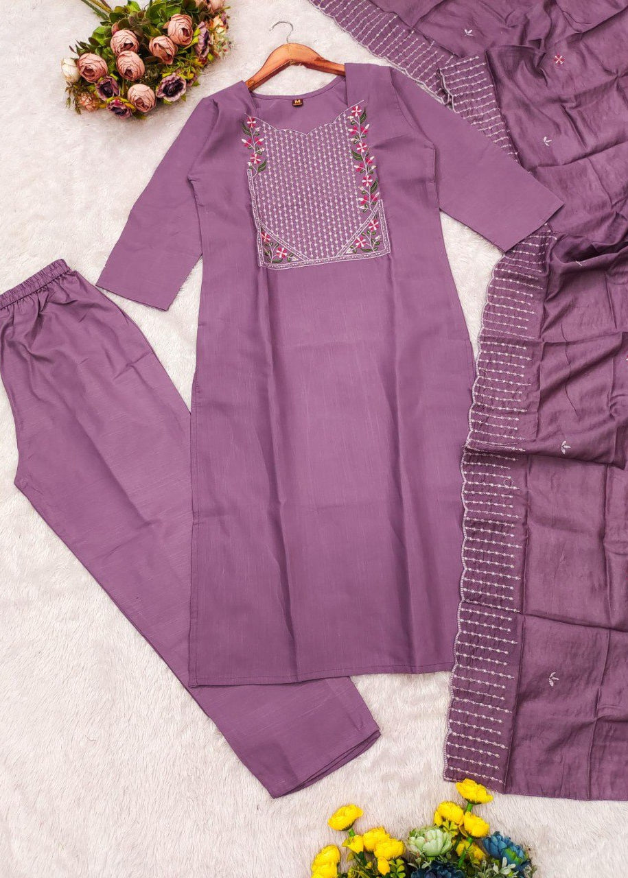 Shriwal Embroidered Cotton Suit Set with Chanderi Dupatta  (4 Colors)