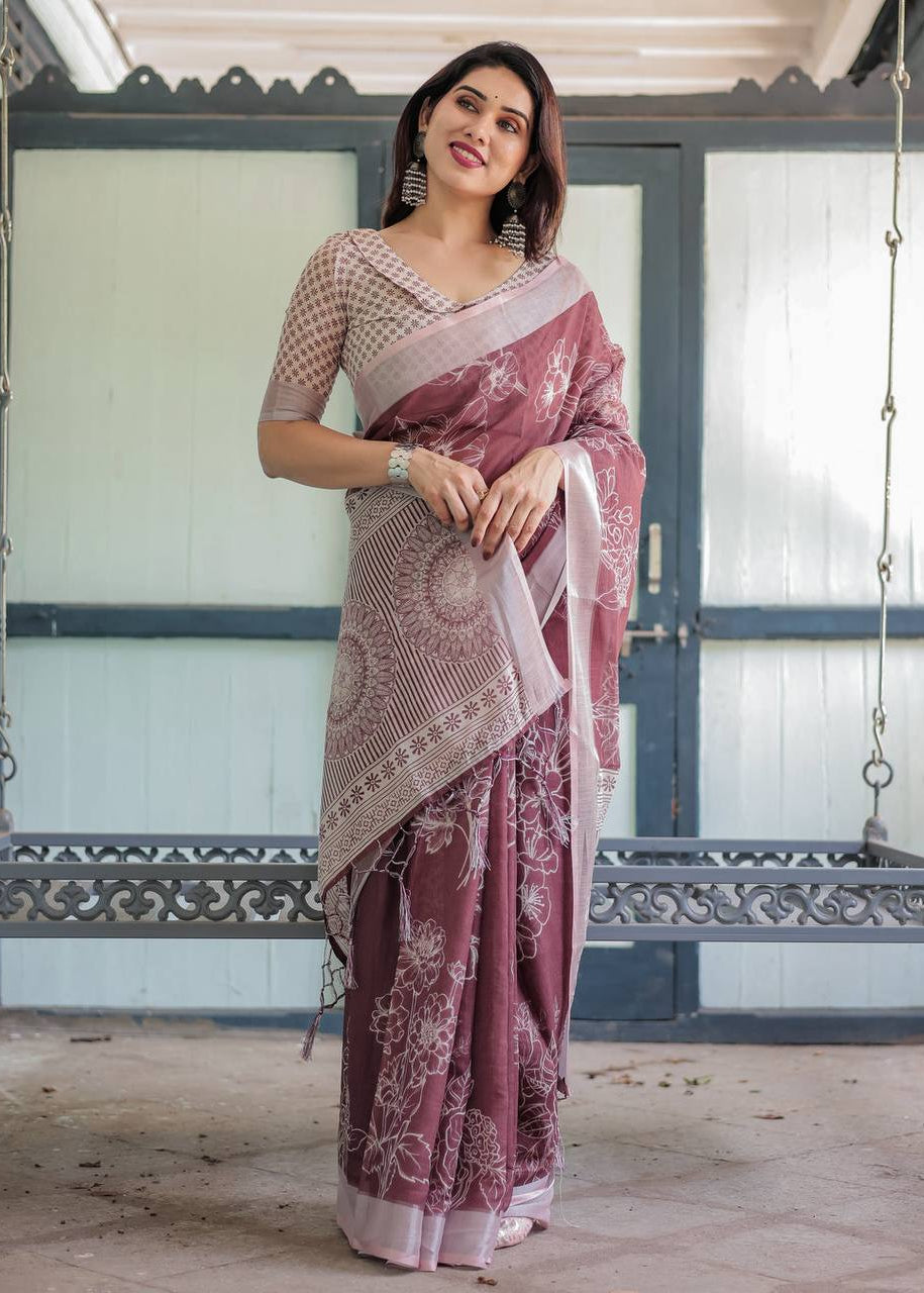 Shriwal Silver Weave Digital Linen Saree