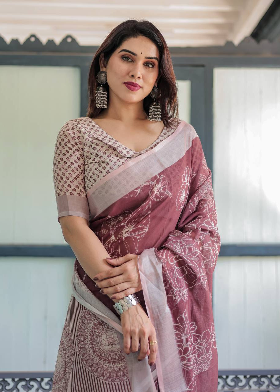 Shriwal Silver Weave Digital Linen Saree