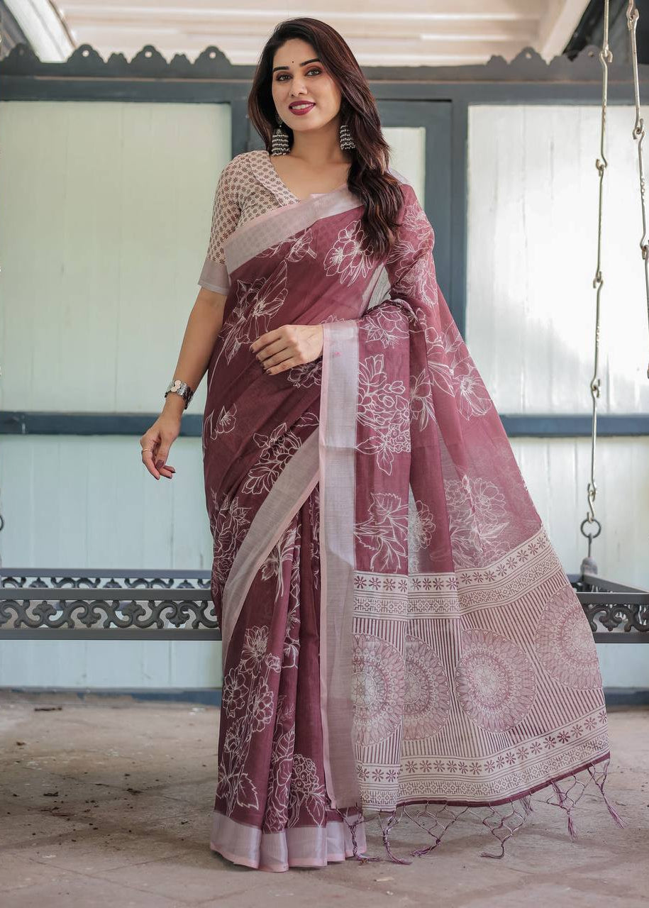 Shriwal Silver Weave Digital Linen Saree