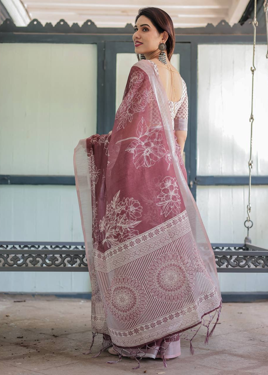 Shriwal Silver Weave Digital Linen Saree