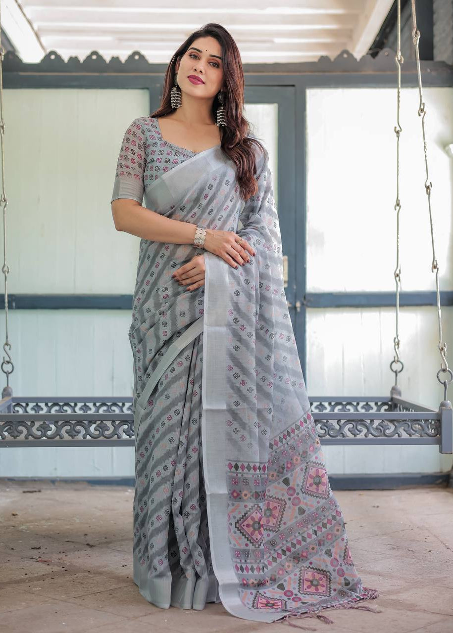 Shriwal Silver Grace Digital Linen Saree