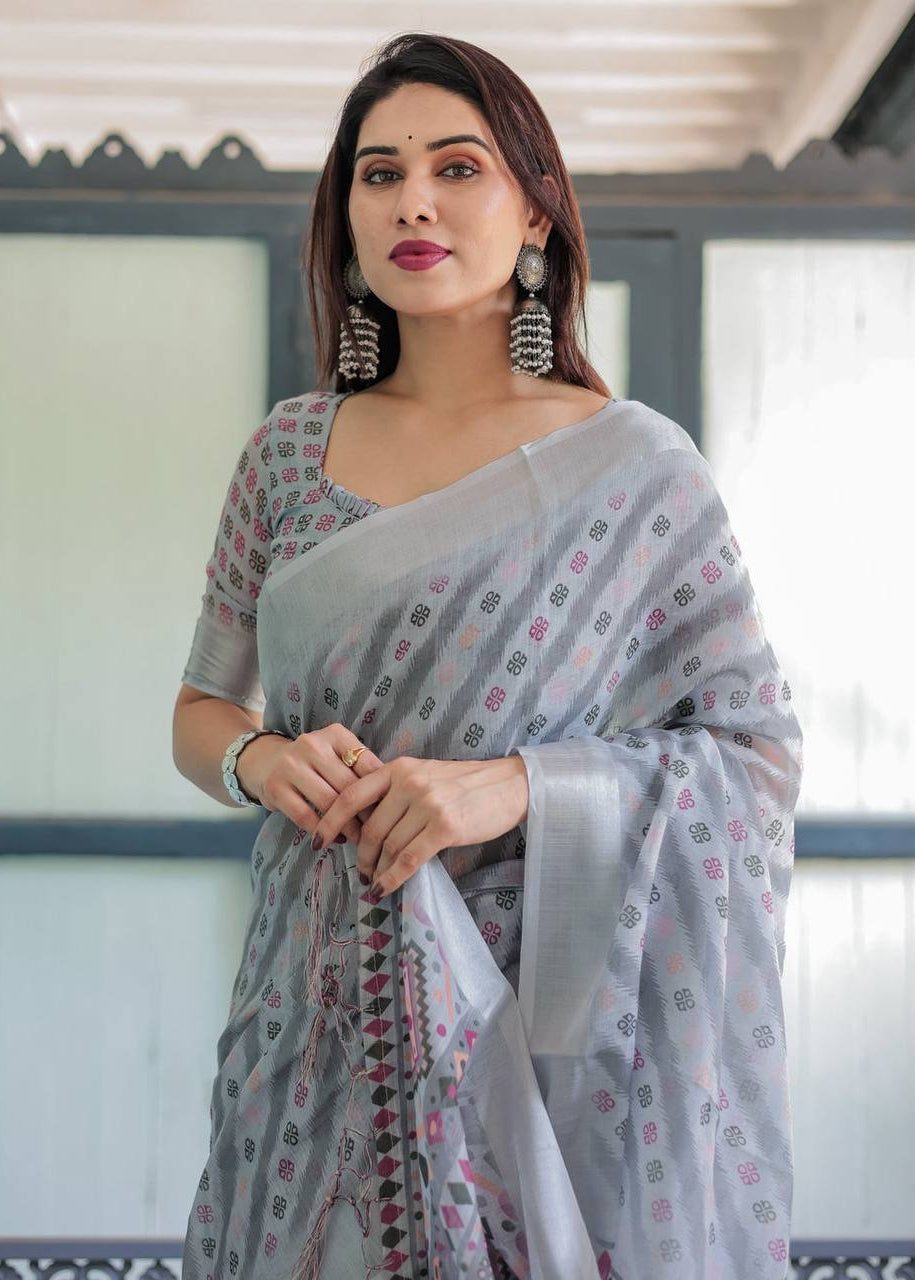 Shriwal Silver Grace Digital Linen Saree