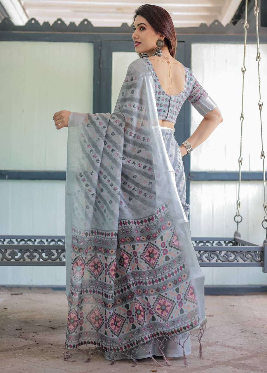 Shriwal Silver Grace Digital Linen Saree