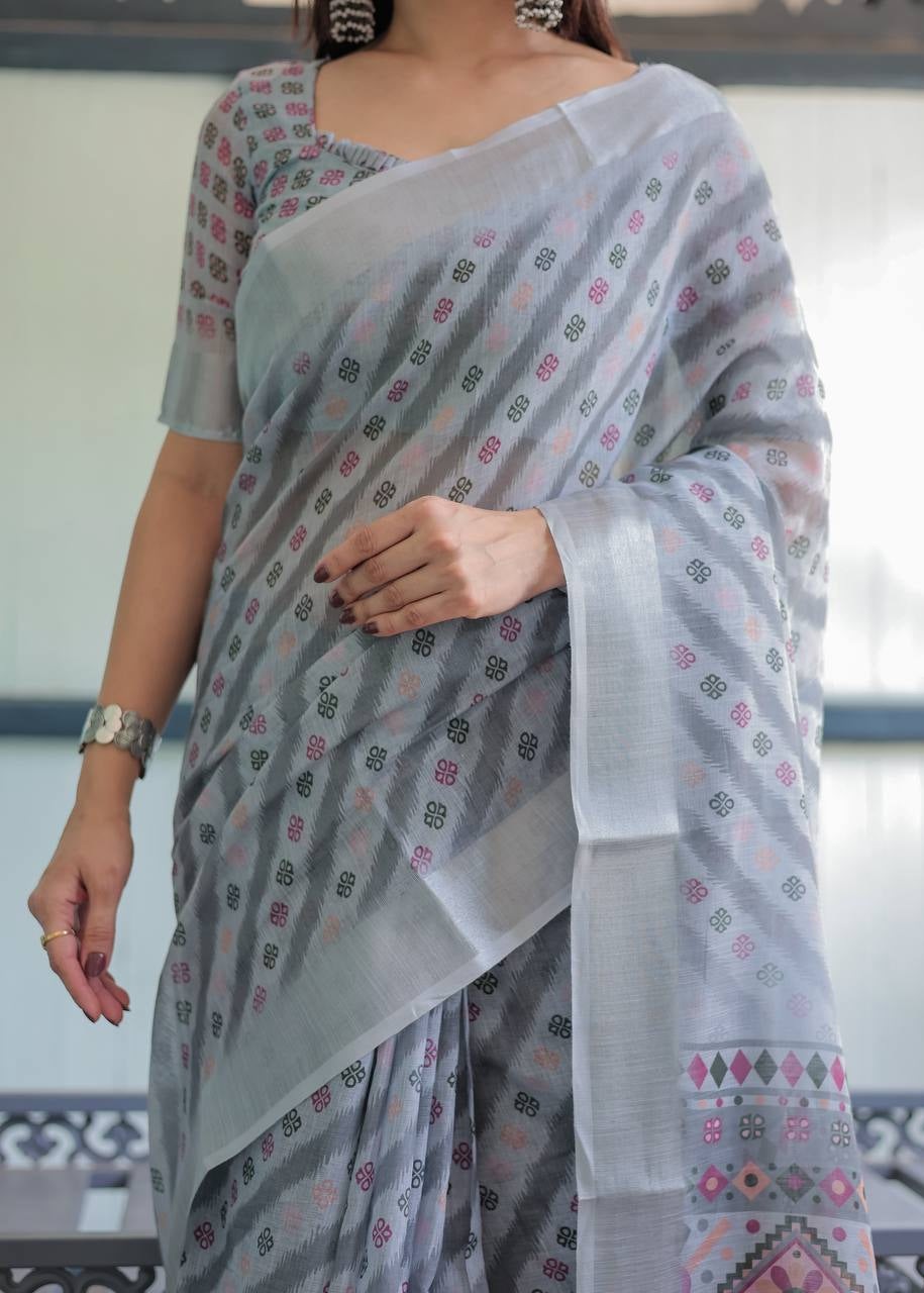 Shriwal Silver Grace Digital Linen Saree