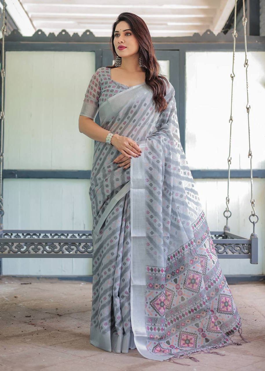 Shriwal Silver Grace Digital Linen Saree