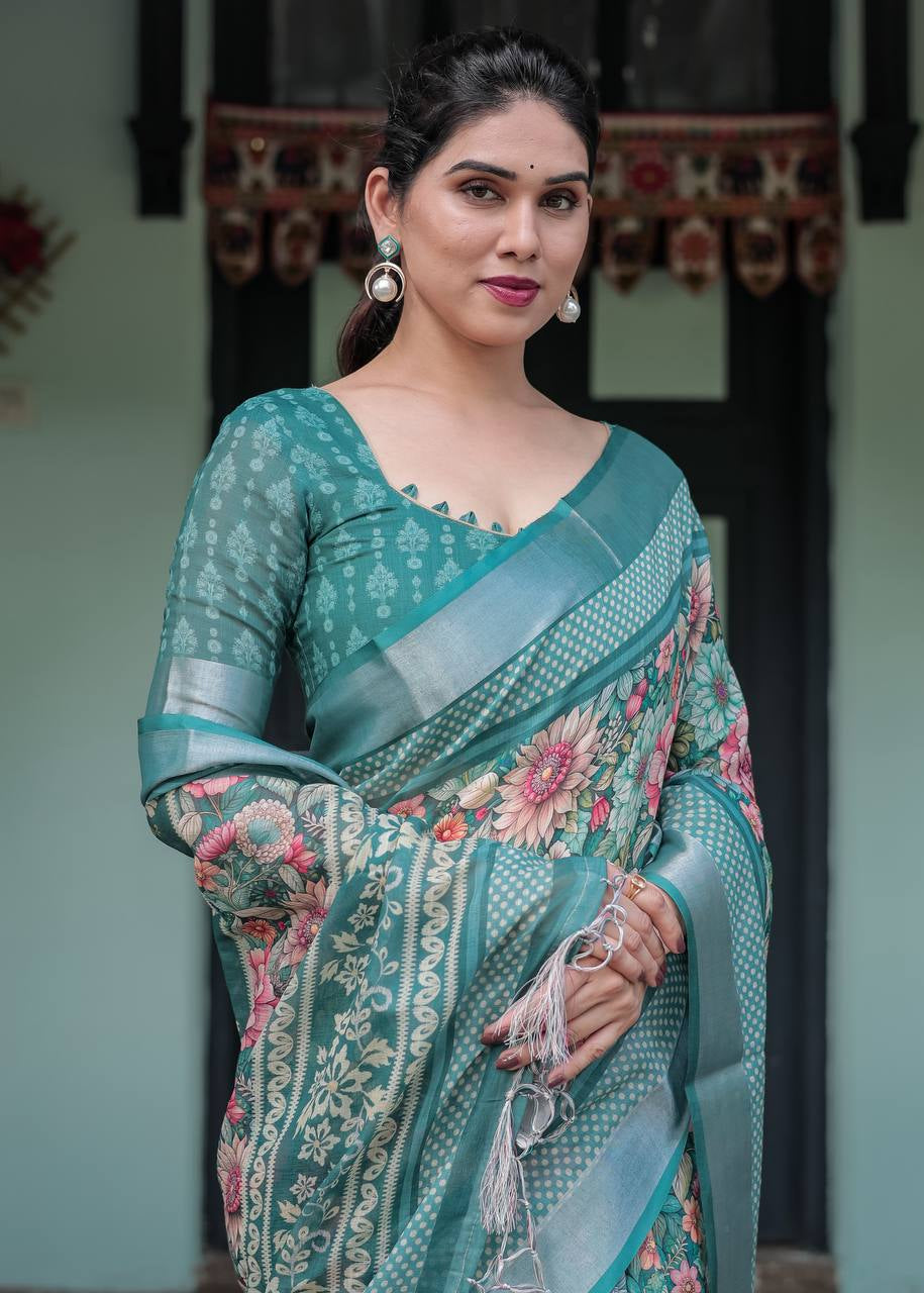 Shriwal Emerald Weave Digital Linen Saree