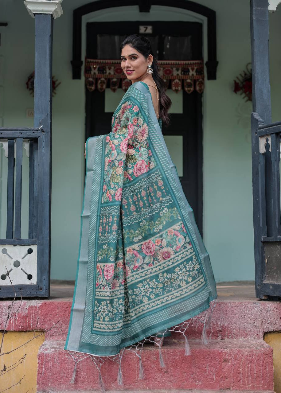 Shriwal Emerald Weave Digital Linen Saree