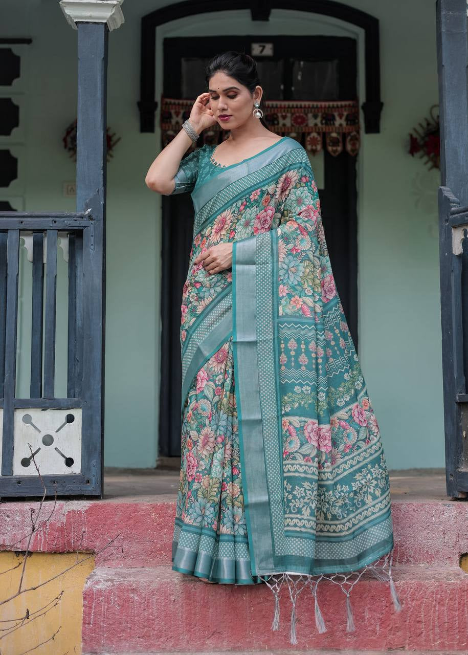 Shriwal Emerald Weave Digital Linen Saree