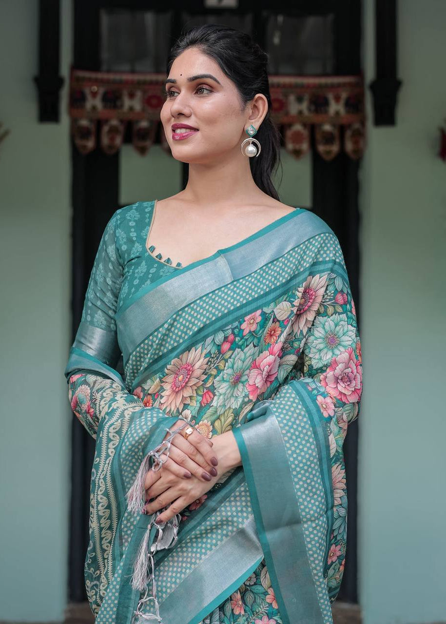 Shriwal Emerald Weave Digital Linen Saree